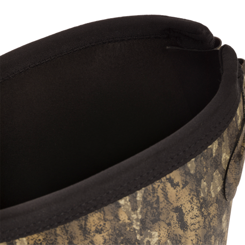 Close-up of the EST Uninsulated 16 Hybrid Mudder Boot 3.0, showcasing its camouflage-patterned exterior and black interior lining, emphasizing durability and comfort.