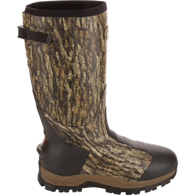 EST Uninsulated 16 Hybrid Mudder Boot 3.0 with woodland camouflage, features adjustable strap, textured sole, gusseted back, and fleece lining for hunting comfort.