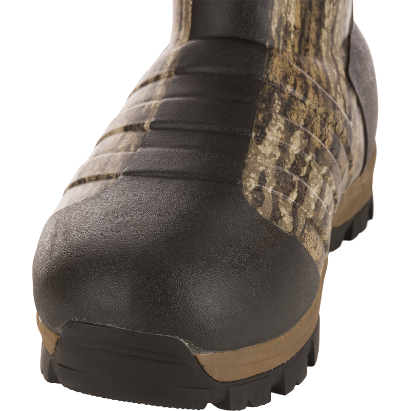 EST Uninsulated 16 Hybrid Mudder Boot 3.0 close-up, showcasing black rubber toe cap and camouflage upper, designed for durability and comfort in rugged environments.