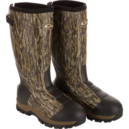 EST Uninsulated 16 Hybrid Mudder Boot 3.0, camo-pattern rubber boots with textured soles, reinforced panels, gusseted back, and fleece lining for outdoor durability and comfort.