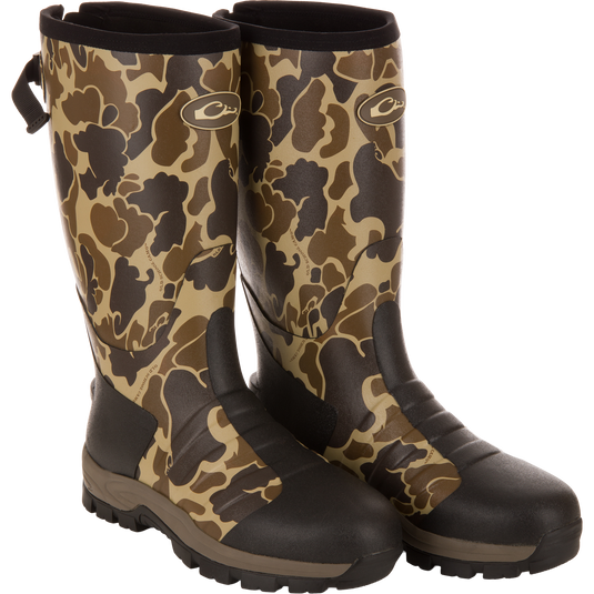 EST Uninsulated 16 Hybrid Mudder Boot 3.0 with camo pattern, rugged soles, reinforced toes, adjustable top strap, gusseted back, and fleece lining for comfort.