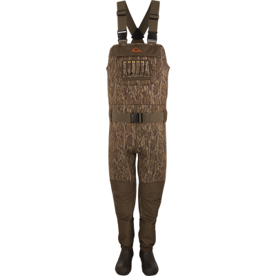 Youth Neoprene Wader with camouflage pattern, adjustable suspenders, reinforced knees, front pocket with elastic loops for shells, and integrated 400g Thinsulate Buckshot Mud Boots.