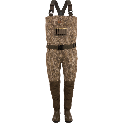 Hardline Breathable Youth Wader with chest-high camouflage, adjustable suspenders, front pocket for shells, and integrated rubber boots for waterproof and insulated protection.