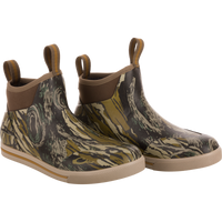A pair of camouflage patterned waterproof boots designed for outdoor use, featuring a non-marking rubber outsole.