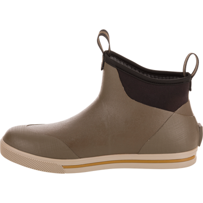 Camp Deck Boot, ankle-height with neoprene collar, pull tabs, waterproof rubber exterior, and siped outsole for traction; ideal for outdoor adventures.