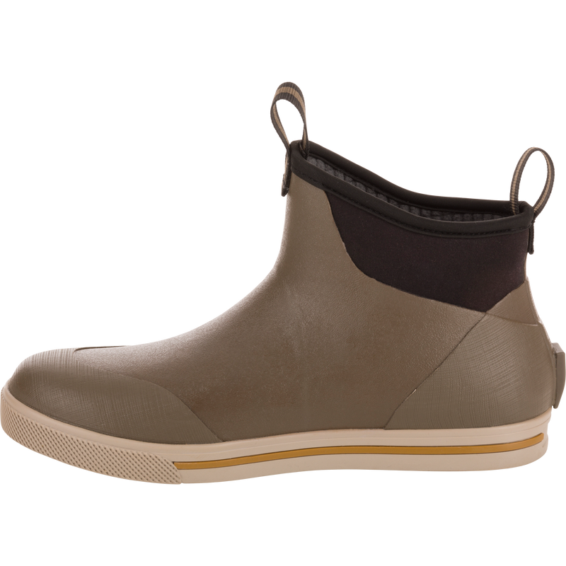 Camp Deck Boot, ankle-height with neoprene collar, pull tabs, waterproof rubber exterior, and siped outsole for traction; ideal for outdoor adventures.