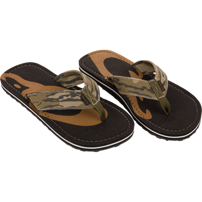 Lake Shore Flip Flops with camouflage straps and footbed, featuring breathable cotton and EVA midsole, ideal for casual wear or water adventures.