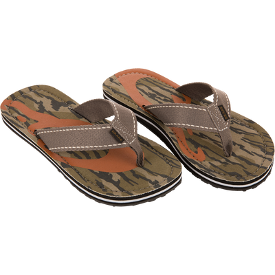 Lake Shore Flip Flops with camouflage footbed and brown fabric straps, featuring a cushioned midsole and outdoor tread, ideal for casual or water adventures.