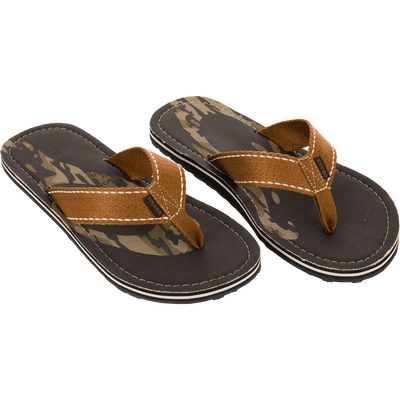 Lake Shore Flip Flops featuring camouflage footbeds and brown fabric straps, designed for comfort with a cotton canvas footbed and outdoor tread outsole.