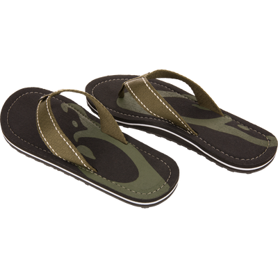 Lake Shore Flip Flops featuring camouflage-style footbeds and green fabric straps, designed with a comfortable cotton canvas footbed and durable outdoor tread, perfect for casual or water adventures.