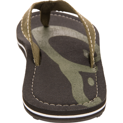 Lake Shore Flip Flops with olive-green fabric straps and abstract swirl footbed, featuring a cotton canvas and cushioned EVA midsole, ideal for water adventures.