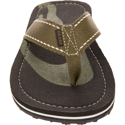 Lake Shore Flip Flops with a camo-accented black footbed, olive-green fabric strap, and DRAKE tag, ideal for comfort and durability in outdoor settings.