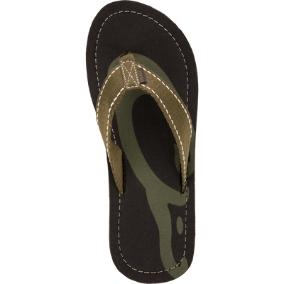 Lake Shore Flip Flops with olive-green camo accents and fabric strap, featuring a cotton canvas footbed and durable outdoor tread, ideal for casual or water adventures.