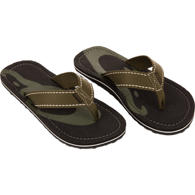 Lake Shore Flip Flops with olive-green and camo-patterned footbeds, green canvas straps, designed for comfort and grip, ideal for outdoor and water adventures.