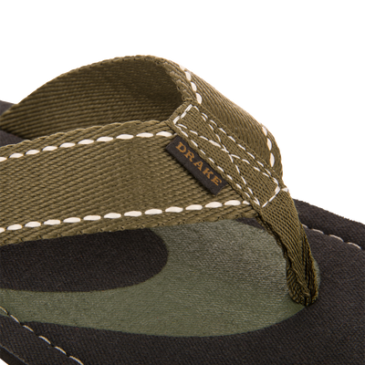 Lake Shore Flip Flops feature an olive-green woven strap with DRAKE tag, camouflage-style footbed, ideal for comfort and durability in outdoor adventures.