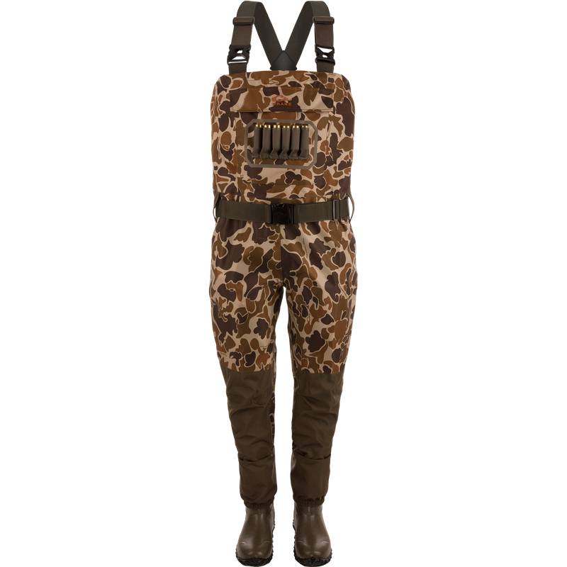 Hardline Insulated Breathable Wader with camo pattern, built-in rubber boots, adjustable straps, shell loops, and a front cargo pouch for hunting in cold conditions.