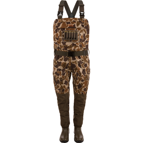 Hardline Insulated Breathable Wader with camo pattern, built-in rubber boots, adjustable straps, shell loops, and a front cargo pouch for hunting in cold conditions.