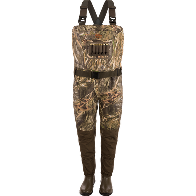Hardline Insulated Breathable Wader with camouflage pattern, adjustable straps, ammo holder, and built-in rubber boots for waterfowl hunting and angling in cold conditions.