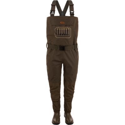 Drake's Hardline Insulated Breathable Wader with built-in boots, adjustable suspenders, and front bib pocket with shotgun shells, ideal for cold-weather hunting.