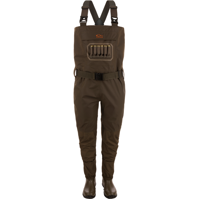 Drake's Hardline Insulated Breathable Wader with built-in boots, adjustable suspenders, and front bib pocket with shotgun shells, ideal for cold-weather hunting.