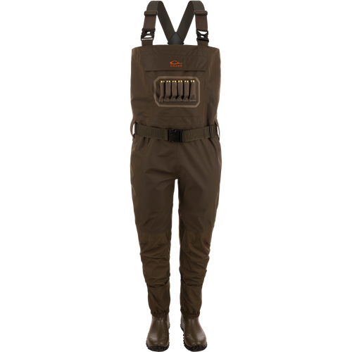 Drake's Hardline Insulated Breathable Wader with built-in boots, adjustable suspenders, and front bib pocket with shotgun shells, ideal for cold-weather hunting.