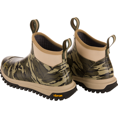 Offroad Rubber Deck Boots feature camouflage design, neoprene collars, dual pull-tabs, and rugged Vibram® soles, ideal for waterfowl hunting with waterproof, flexible construction.