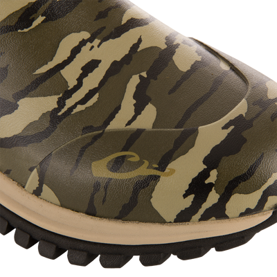 Close-up of the Offroad Rubber Deck Boots, showcasing the camouflage-patterned waterproof rubber upper and sturdy lugged sole, designed for demanding waterfowl conditions.