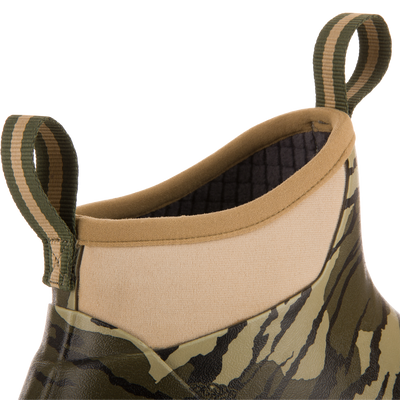 Close-up of Offroad Rubber Deck Boots, featuring a camo-pattern neoprene collar, webbing pull-tabs, and a 6 ankle for support and easy slip-on.