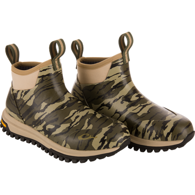 Offroad Rubber Deck Boots with camouflage pattern, featuring neoprene uppers, pull-tabs, and lugged rubber soles designed for waterproof, flexible movement in demanding waterfowl conditions.