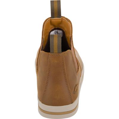 Back view of a tan Lifestyle Leather Camp Deck Boot with pull tabs and a light-colored rubber sole.