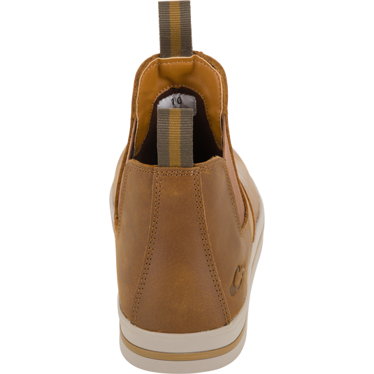 Back view of a tan Lifestyle Leather Camp Deck Boot with pull tabs and a light-colored rubber sole.