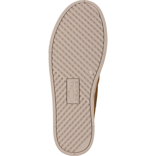 Light beige rubber sole of a Lifestyle Leather Camp Deck Boot with a textured diagonal grid pattern and a central square logo.