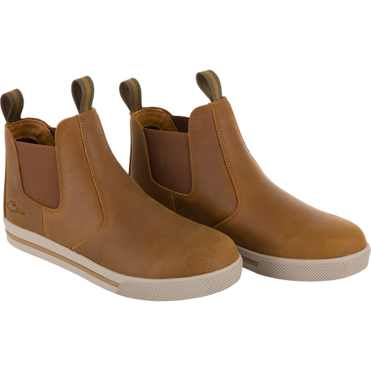 Lifestyle Leather Camp Deck Boot in Crazy Horse brown featuring elastic side panels, pull tabs, and light-colored rubber soles.