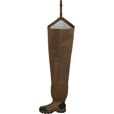 EST Waterfowler’s Hip Boot showcasing breathable, waterproof fabric with molded outsole for traction, ideal for marsh and timber navigation.
