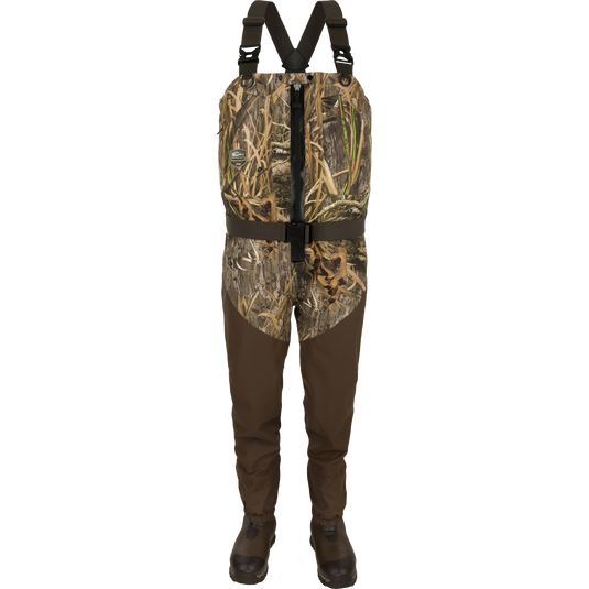 Uninsulated Guardian Elite HND Front Zip Waders - Habitat: Camouflage overalls, shorts, vest, boots, and pants for outdoor hunting.