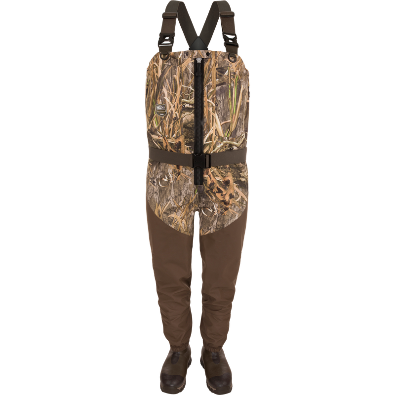 Uninsulated Guardian Elite HND Front Zip Waders featuring camo upper, adjustable suspenders, waterproof legs, built-in boots, and front zipper for enhanced outdoor protection.