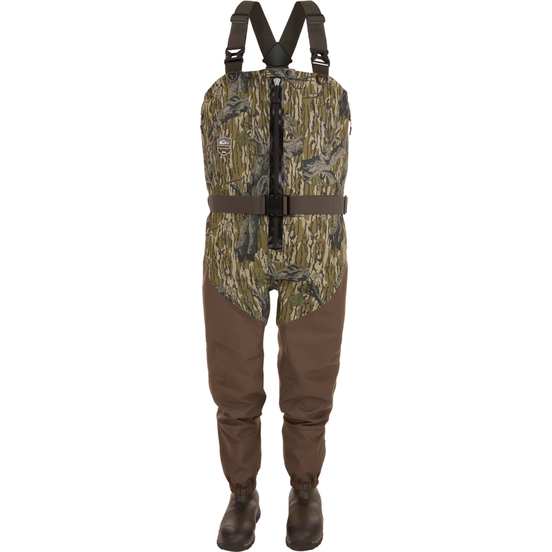 Uninsulated Guardian Elite HND Front Zip Waders featuring camouflage torso, brown legs, built-in boots, adjustable suspenders, and front zipper for enhanced hunting performance and durability.