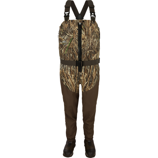 Uninsulated Guardian Elite HND Front Zip Waders - Realtree: Camouflage overalls, shorts, bag, belt, boots, and accessories for outdoor hunting and protection.