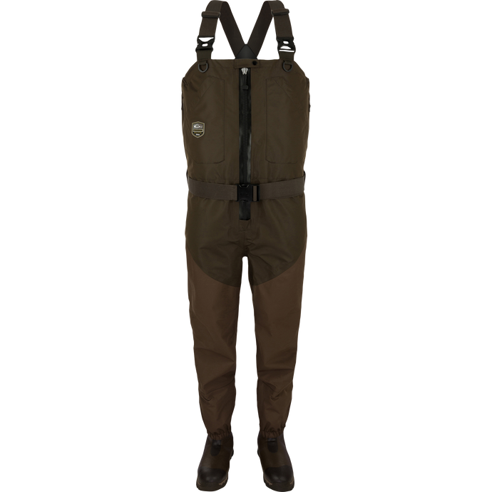 Uninsulated Guardian Elite HND Front Zip Waders - Green Timber: A brown and black overalls with a pair of brown shorts, boots, and a strap with a black background.