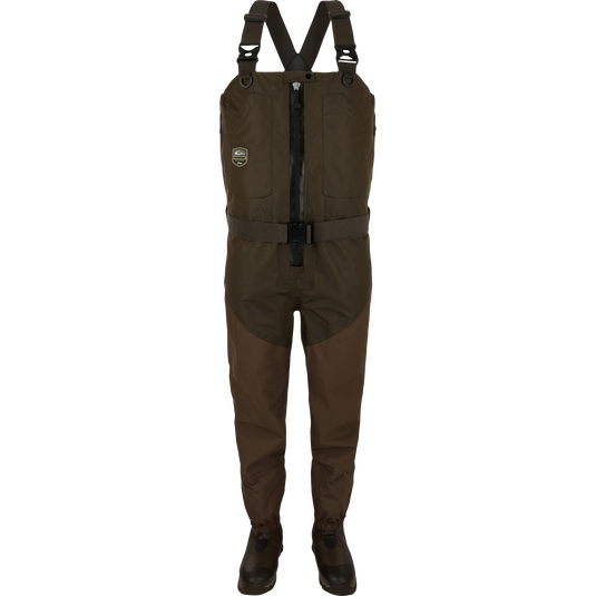Uninsulated Guardian Elite HND Front Zip Waders - Green Timber: A brown and black overalls with a pair of brown shorts, boots, and a strap with a black background.