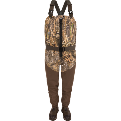 Hybrid Insulated Guardian Elite HND Front Zip Wader with camouflage pattern, adjustable straps, built-in rubber boots, featuring advanced insulation and reinforced seams for ultimate outdoor performance.