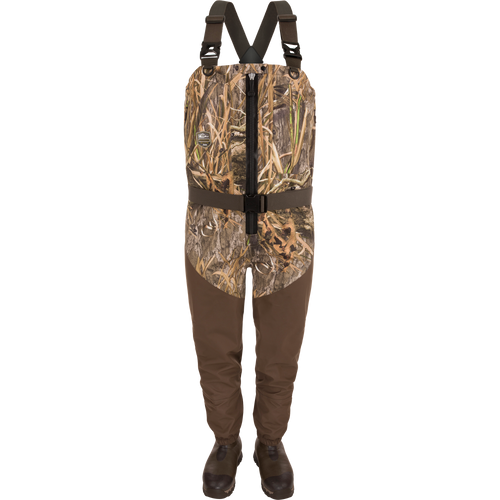 Hybrid Insulated Guardian Elite HND Front Zip Wader with camouflage pattern, adjustable straps, built-in rubber boots, featuring advanced insulation and reinforced seams for ultimate outdoor performance.