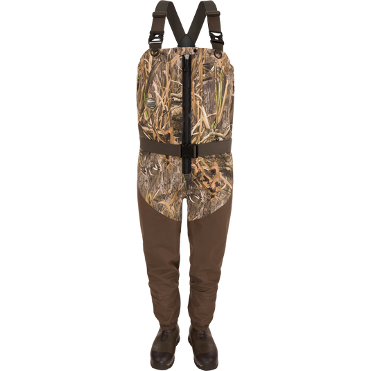 Hybrid Insulated Guardian Elite HND Front Zip Wader with camouflage pattern, adjustable straps, built-in rubber boots, featuring advanced insulation and reinforced seams for ultimate outdoor performance.