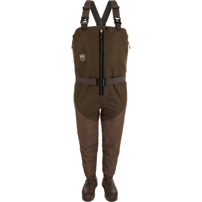 Insulated Guardian Elite HND Front Zip Wader featuring chest-high design, built-in rubber boots, adjustable suspenders, front zipper, and hand pockets for fishing or hunting.
