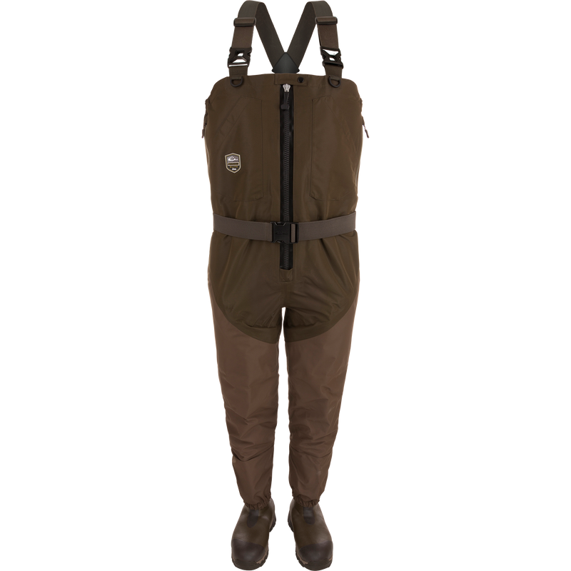 Insulated Guardian Elite HND Front Zip Wader featuring chest-high design, built-in rubber boots, adjustable suspenders, front zipper, and hand pockets for fishing or hunting.