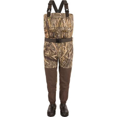 Uninsulated Guardian Elite Vanguard Breathable Wader with camouflage overalls, reinforced taped seams, and 1600g Thinsulate Buckshot Mud Boots, ideal for extreme hunting conditions.