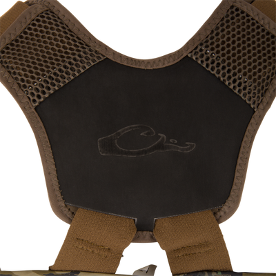 BMF1600 Kevlar Wader with Primaloft, showcasing tactical-style harness with mesh-padded shoulder yokes, central logo panel, and adjustable straps for modular vest integration.