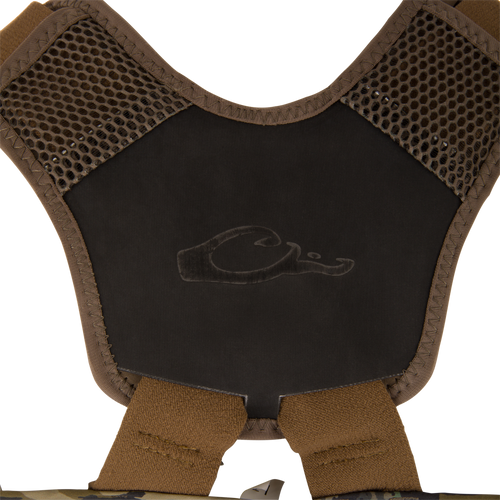 BMF1600 Kevlar Wader with Primaloft, showcasing tactical-style harness with mesh-padded shoulder yokes, central logo panel, and adjustable straps for modular vest integration.