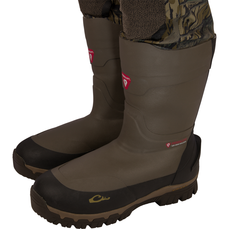 BMF1600 Kevlar Wader with Primaloft, featuring olive-green insulated rubber boots, black reinforcements, and heavy-tread soles, ideal for cold-weather hunting and wading.