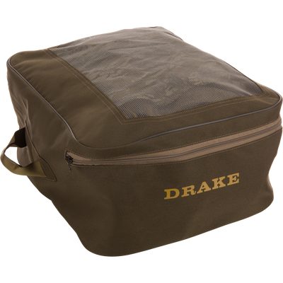 Soft-sided, olive-green travel pouch with mesh top, zippered closure, and side handles, featuring DRAKE branding, for BMF1600 Kevlar Wader with Primaloft.